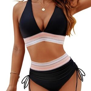 Black and White Halter Bikini Set